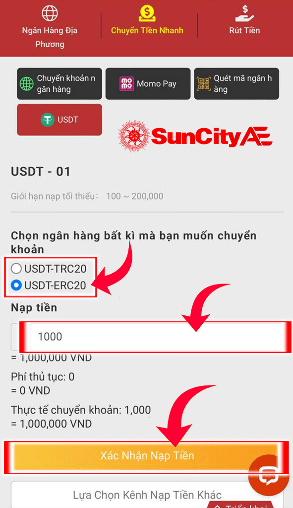 Chọn ngân hàng USDT và điền số tiền nạp