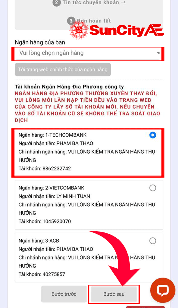 Chọn ngân hàng của bạn và ngân hàng thụ hưởng