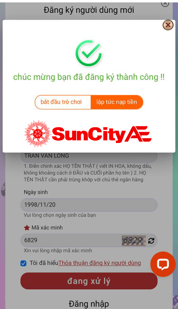 Đăng ký thành công tài khoản Suncity