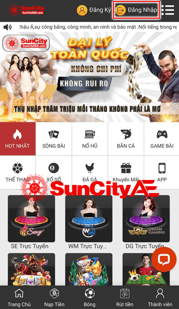 Nút đăng nhập trên trang chủ SUNCITY