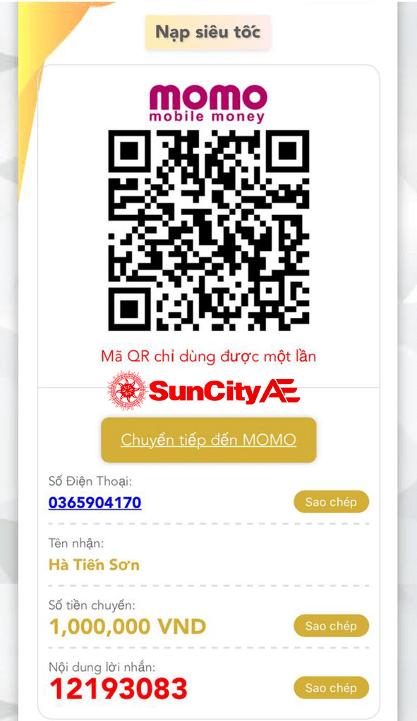 Quét mã QR hoặc sử dụng thông tin tài khoản MOMO của SUNCITY để chuyển tiền