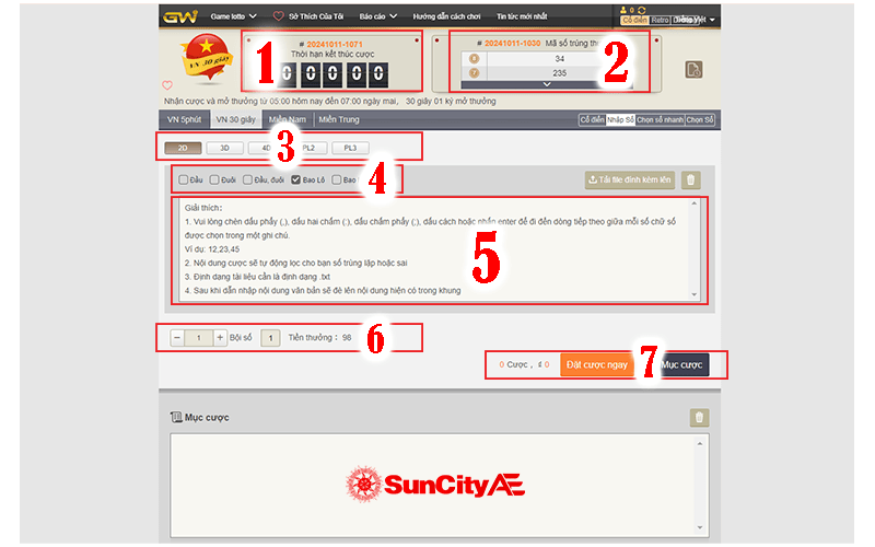 Cách xem giao diện đặt cược xổ số 30 giây tại SUNCITY
