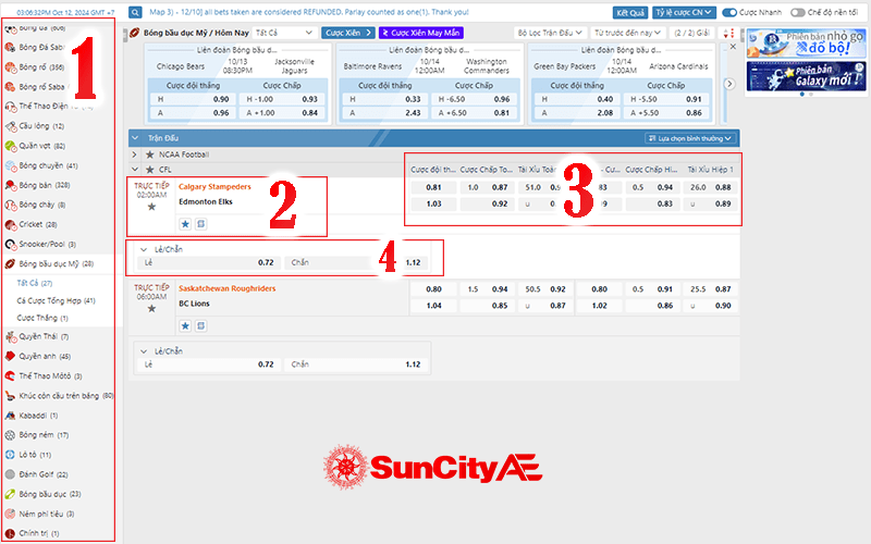 Giao diện cá cược bóng bầu dục tại SUNCITY