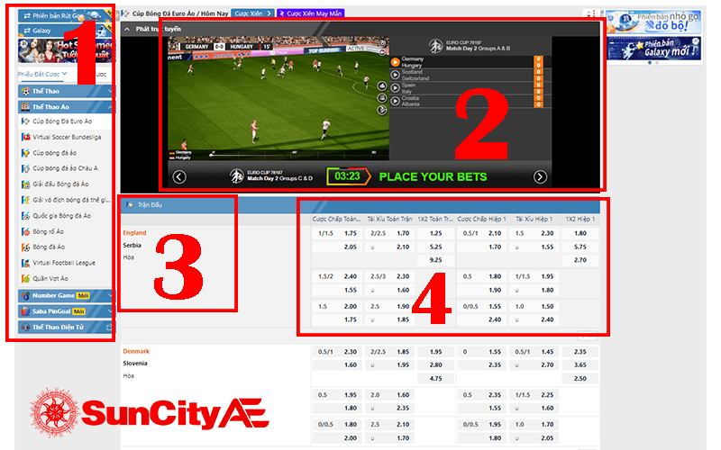 Giao diện cá cược thể thao ảo tại SUNCITY