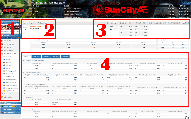 Giao diện cá cược thể thao điện tử tại SUNCITY