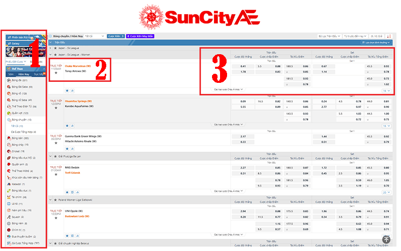 Giao diện các cược bóng chuyền tại SUNCITY